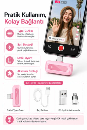 Pembe Kablosuz Yaka Mikrofonu 2.4G Type-C / Lightning Uyumlu Gürültü Azaltmalı Mini Vlog Canlı Yayın Röportaj Mikrofonu