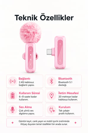 Pembe Kablosuz Yaka Mikrofonu 2.4G Type-C / Lightning Uyumlu Gürültü Azaltmalı Mini Vlog Canlı Yayın Röportaj Mikrofonu
