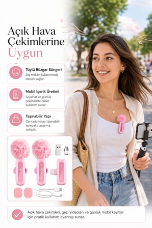Pembe Kablosuz Yaka Mikrofonu 2.4G Type-C / Lightning Uyumlu Gürültü Azaltmalı Mini Vlog Canlı Yayın Röportaj Mikrofonu