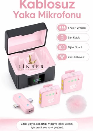 Kablosuz Tüylü Pembe Yaka Mikrofonu 1 Alıcı 2 Verici Şarj Kutulu Dijital Ekranlı 2.4G Gürültü Azaltmalı Type-C Lightning Uyumlu Mikrofon Seti