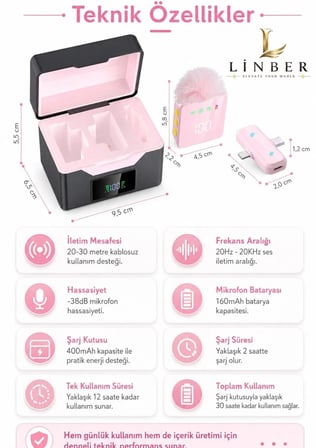 Kablosuz Tüylü Pembe Yaka Mikrofonu 1 Alıcı 2 Verici Şarj Kutulu Dijital Ekranlı 2.4G Gürültü Azaltmalı Type-C Lightning Uyumlu Mikrofon Seti