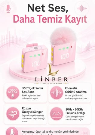 Kablosuz Tüylü Pembe Yaka Mikrofonu 1 Alıcı 2 Verici Şarj Kutulu Dijital Ekranlı 2.4G Gürültü Azaltmalı Type-C Lightning Uyumlu Mikrofon Seti
