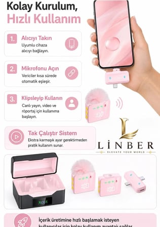 Kablosuz Tüylü Pembe Yaka Mikrofonu 1 Alıcı 2 Verici Şarj Kutulu Dijital Ekranlı 2.4G Gürültü Azaltmalı Type-C Lightning Uyumlu Mikrofon Seti
