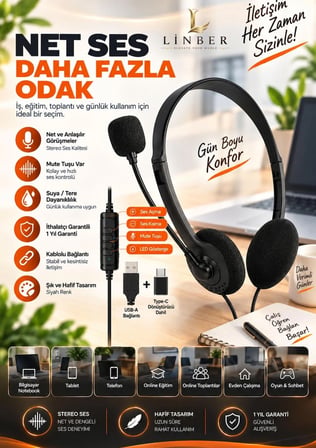 USB + Type-C Çift Girişli Çağrı Merkezi Mikrofonlu Kafa Üstü Bilgisayar Kulaklığı Kulaküstü Kulaklık