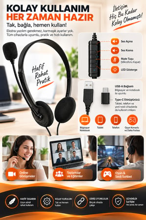 USB + Type-C Çift Girişli Çağrı Merkezi Mikrofonlu Kafa Üstü Bilgisayar Kulaklığı Kulaküstü Kulaklık