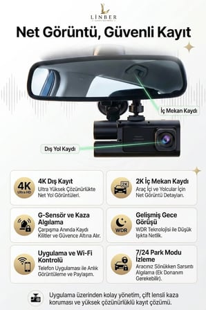 Üç Kameralı Wifi Araç İçi Kayıt Cihazı 1080p Ön İç Arka Gece Görüşlü Dashcam Tüm Araçlara Uyumlu