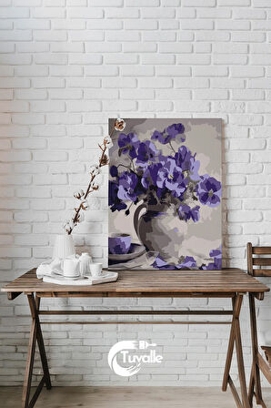 Çay Saati ve Menekşeler Sayılarla Boyama Seti, Hobi Seti, 40X50 Tablo, Fırça Boya, Numaralı Tuval