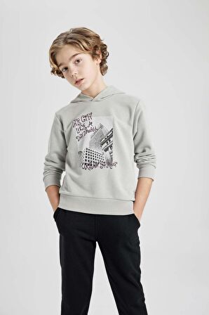 DeFacto Erkek Çocuk Kapüşonlu Baskılı Sweatshirt Eşofman Altı 2'li Takım B7655A824SPGR253