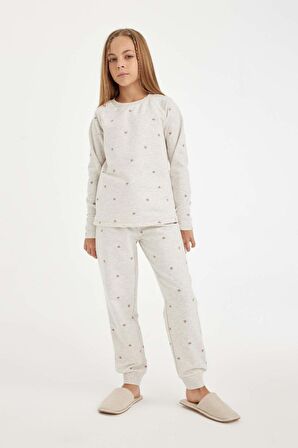 DeFacto Kız Çocuk Pijama Takımı Kalp Baskılı Bisiklet Yaka Uzun Kollu Üst Uzun Alt D3728A824AUER151