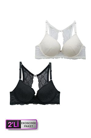 2'li Ekonomik Paket Ekru Siyah 6808 Rome Yarı Destekli Sırt Detay Dantelli Sütyen Set
