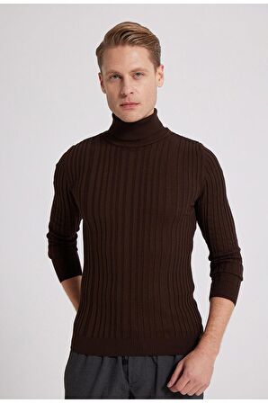 Ds Damat Slim Fit Kahverengi Fitilli Pamuk Karışımlı Boğazlı Triko Kazak 5HF06ORT63100 5HF06ORT63100