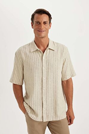 DeFacto Relax Fit Polo Yaka Çizgili Keten Kısa Kollu Gömlek C1111AX24SMBG750