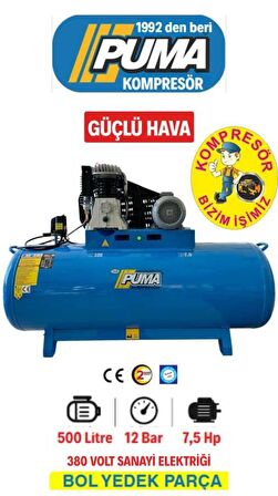 Puma 500 Lt 7.5 Hp Hava Kompresörü, B6000 Italyan Alüminyum Kafalı 12 Bar, 380 V