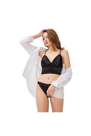 Siyah Kadife Dantel Detaylı Bralet Sütyen Külot Takımı