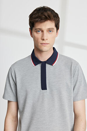 Erkek Gri Melanj Slim Fit Dar Kesim Polo Yaka Kısa Kollu Pamuklu Tişört