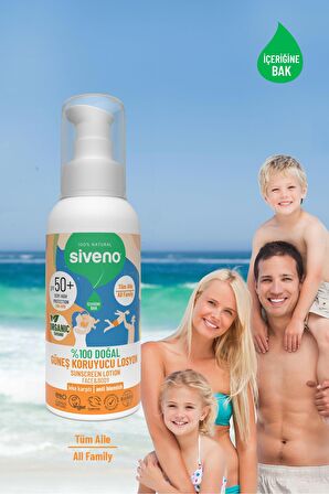 Siveno %100 Doğal ve Organik Tamanu Yağlı Güneş Losyonu Mineral Filtreli Tüm Aile İçin SPF 50+ 100 ml