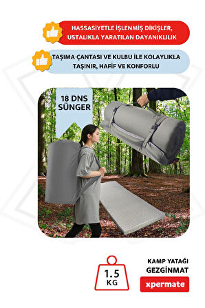 XPERMATE GezginMat Kamp Yatağı Taşıma Çantalı Kamp Matı Fermuarlı Kamp Minderi Çadır Matı Su itici Kumaş 70x180x6cm