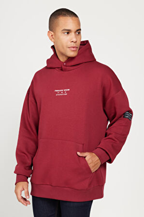 Erkek Bordo Oversize Fit Bol Kesim Kapüşonlu Içi Polarlı 3 Iplik Pamuklu Sweatshirt