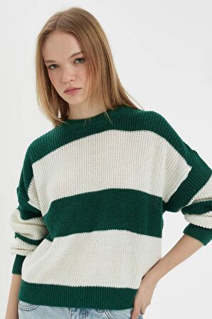 DeFacto Coool Oversize Geniş Kalıp Bisiklet Yaka Çizgili Triko Kazak X4931AZ24WNGN505