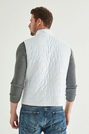 Regular Fit Beyaz Dik Yaka Elyaf Dolgulu Mevsimlik Fermuarlı Yelek Mont 7HF07ORT42611