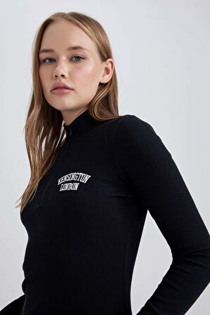 DeFacto Coool Bodycon Yarım Balıkçı Yaka Fitilli Kaşkorse Uzun Kollu Mini Elbise B2467AX23AUBK81