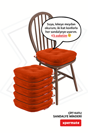 XPERMATE 6'lı  Çift Kat Sandalye Minderi Fermuarlı Yıkanabilir Kılıf Bağcıklı Su ve Yağ İtici 42x42x8 Kiremit