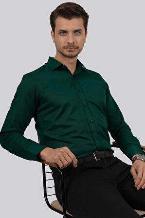 Kına Yeşili Kare Düğmeli Slimfit Gömlek