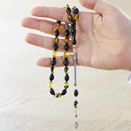 925 Ayar Gümüş Püsküllü Arpa Kesim Gümüş İsim Yazılı Sarı-Siyah Ateş Kehribar Tesbih