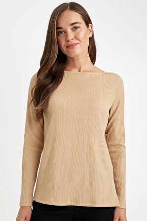 DeFacto Regular Fit Kayık Yaka Bürümcük Uzun Kollu Tişört D3711AX24AUBG260