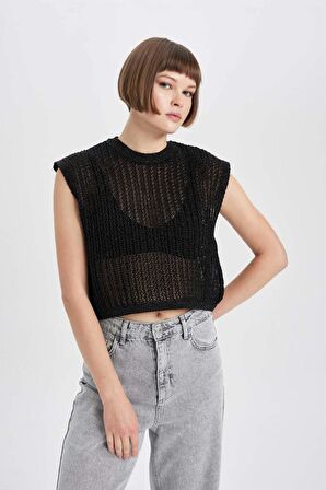 DeFacto Relax Fit Bisiklet Yaka Parlak Kumaş Triko Süveter B7510AX23WNBK27