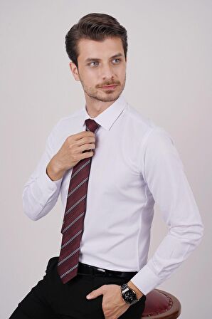 Gömlek Kravat Seti (Bordo Çizgili Kravat & Beyaz Saten Slimfit Gömlek)