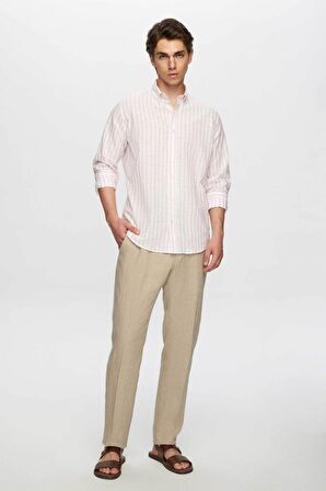 Slim Fit Pembe Çizgili Düğmeli Yaka %100 Pamuk Flamlı Yazlık Keten Görünümlü Gömlek 0HC02ORT06265