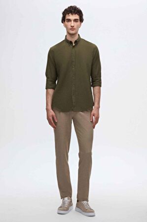 Ds Damat Slim Fit Haki Düğmeli Yaka %100 Pamuk Yazlık Flamlı Keten Görünümlü Gömlek 6HC02ORT63265 6HC02ORT63265
