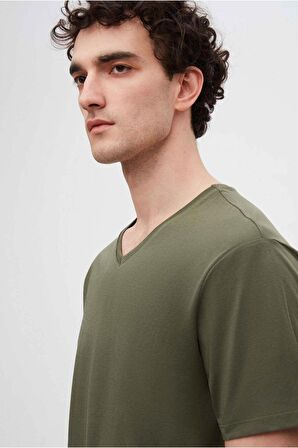 Ds Damat Haki V Yaka %100 Pamuk T-Shirt