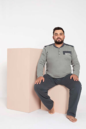 Erkek Büyük Beden 3 Düğmeli %100 Pamuk Cepli Mevsimlik Pijama Takımı