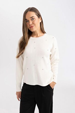DeFacto Regular Fit Bisiklet Yaka Taşlı Triko Kazak R0726AZ24WNER105