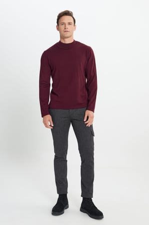 Erkek Bordo Standart Fit Normal Kesim Yarım Balıkçı Yaka Triko Kazak