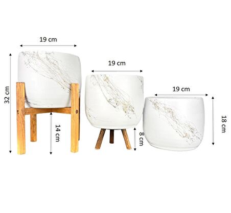 Ev Dekorasyon Aksesuar Beyaz Üzeri Gold Mermer Efektli Toprak Saksı Saksılık Salon Çiçeklik Üçlü Set- 19 CM