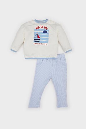 DeFacto Erkek Bebek 2'li Takım Bisiklet Yaka Baskılı Sweatshirt Çizgili Alt D9088A525SPER233