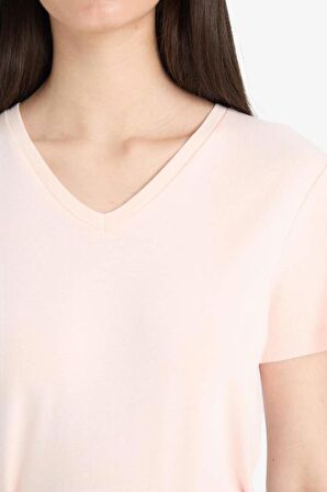 DeFacto Slim Fit Dar Kesim V Yaka Basic Düz Ribana Kısa Kollu Tişört I1080AZ25SPPN350