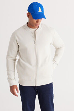 Erkek Bej Standart Fit Normal Kesim Içi Polarlı 3 Iplik Kolej Yaka Pamuklu Sweatshirt Ceket