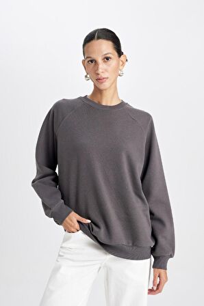 DeFacto Oversize Geniş Kalıp Bisiklet Yaka Kalın Basic Düz Sweatshirt V2697AZ24WNAR15