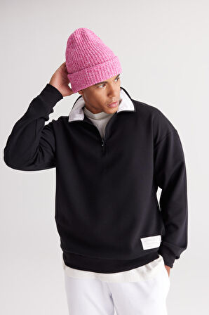 Erkek Siyah Loose Fit Bato Yaka Içi Polarlı 3 Iplik Baskılı Sweatshirt