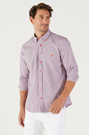 Erkek Lacivert-kırmızı Slim Fit Dar Kesim Düğmeli Yaka Logolu Pamuklu Cepli Çizgili Gömlek