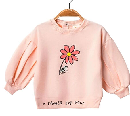 Çiçek Baskılı Kolları Modelli Kız Sweatshirt