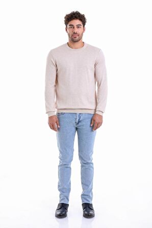 Açık Bej Bisiklet Yaka Triko Pamuklu  Kazak | XL