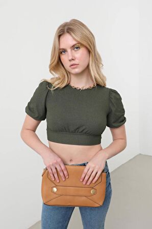 Sırt Dekolteli Kuşak Bağlamalı Crop Top Haki