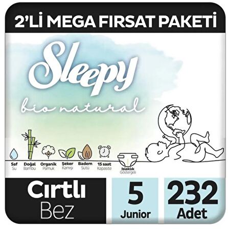 Sleepy Bio Natural Premium Plus 2'li Mega Fırsat Paketi Bebek Bezi 5 Numara Junior 232 Adet