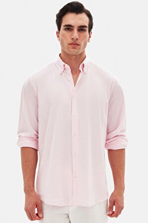 Ds Damat Comfort Pembe Düğmeli Yaka Rahat Kesim Keten Görünümlü %100 Pamuk Gömlek 2HC02ORT64265
