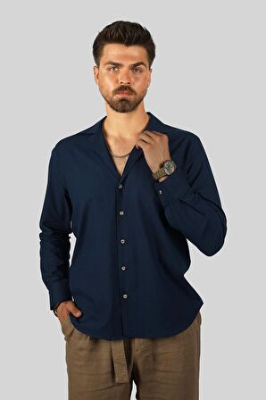 Lacivert Keten Apaj Yaka Relax Fit Erkek Gömlek